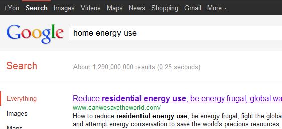 Результат поиска Google, страница номер один на первой позиции, для фразы «домашнее энергопотребление», которая, как можно видеть, имеет 1 290 000 000 (1 миллиард 290 миллионов) конкурирующих страниц, достигая результата в верхних 0,0000001%, следовательно, занимая место перед другими 99,99999999% результатов