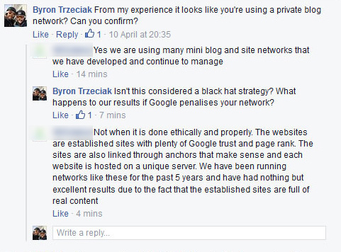 Вот обсуждение, которое у меня было на Facebook с рекламой SEO бизнеса в моей ленте
