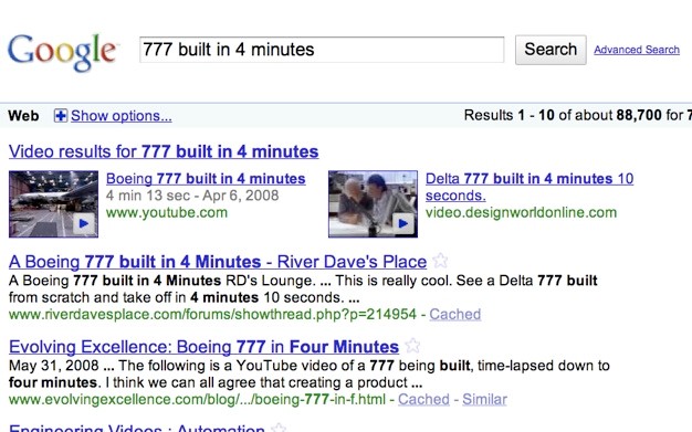 Посмотрите, как выглядит комбинированный результат поиска для поискового запроса «777, построенный за 4 минуты»
